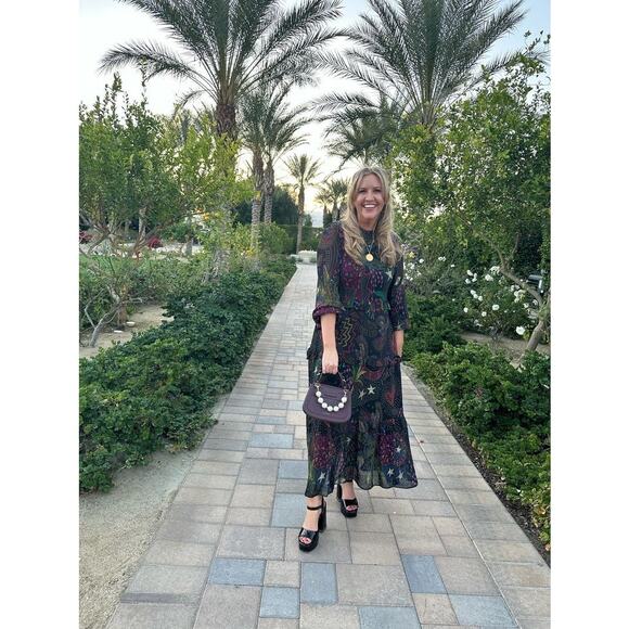 FARM RIO Black Amazonia High Neck Jungle Theme Ruffle Tiers Maxi Dress Size XS - Picture 14 of 16